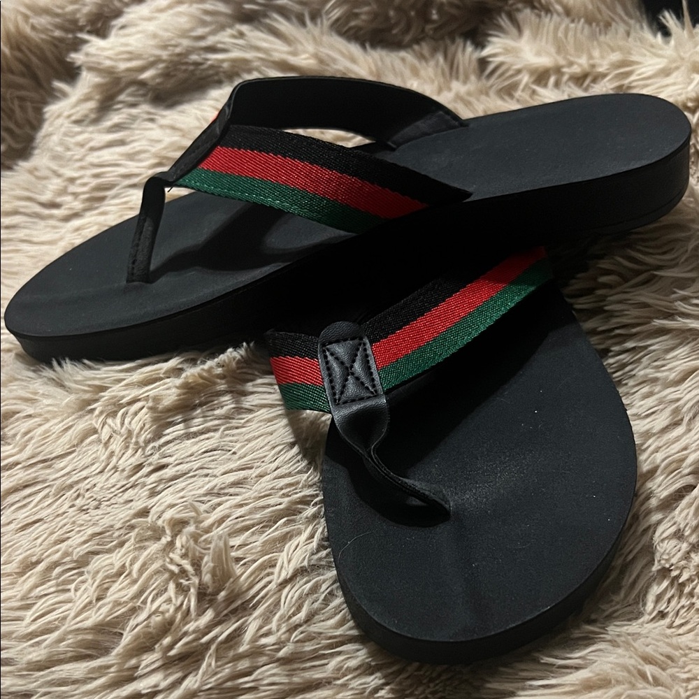 Black Flip Flops with Red and Green Straps